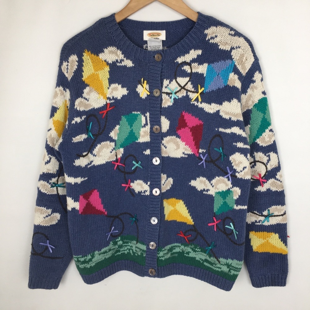 Talbots Vintage 90s Blue Cotton Linen Hand Knit Novelty Kite Cardigan Sweater